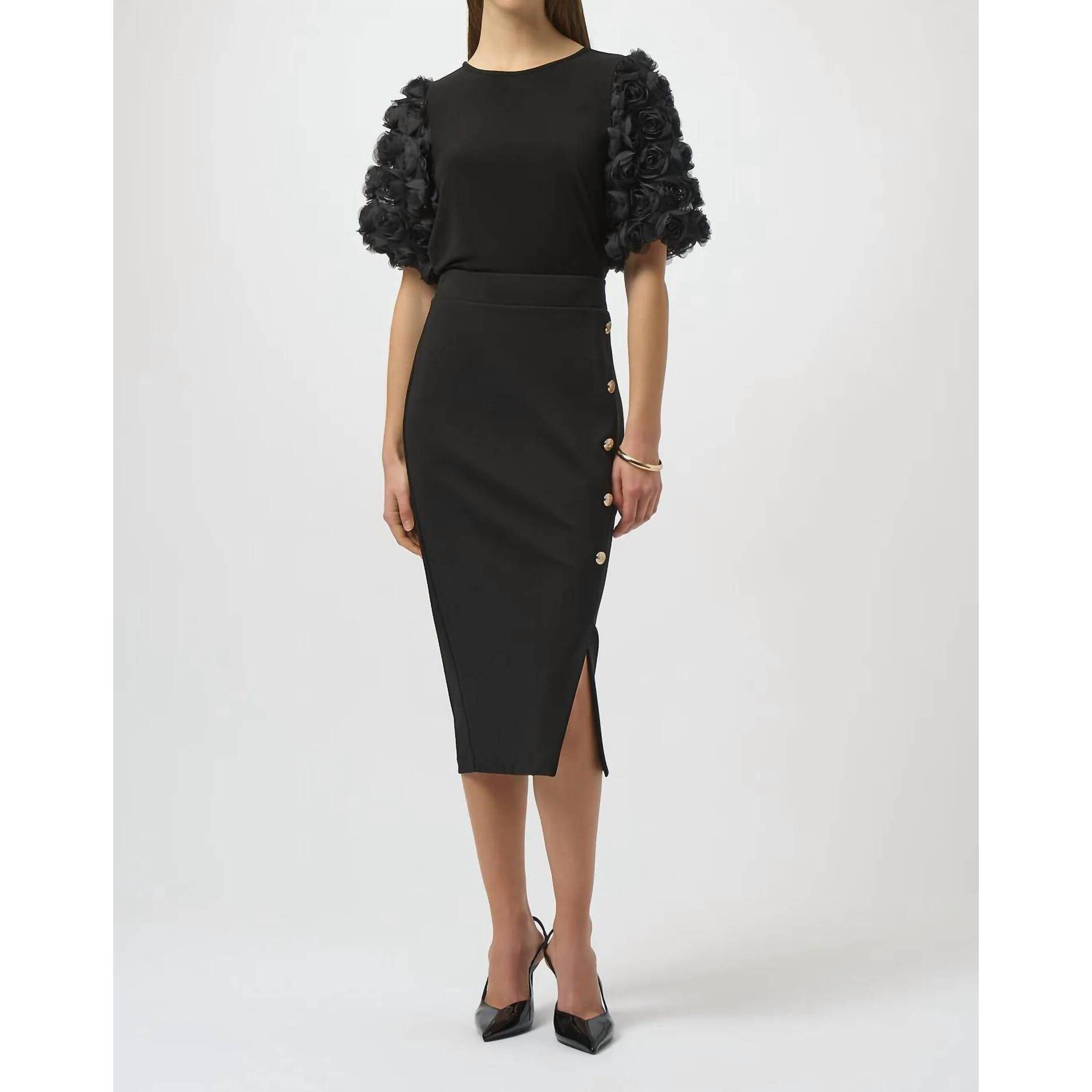 New Joseph Ribkoff Rosette Embroidered Sleeves Top In Black